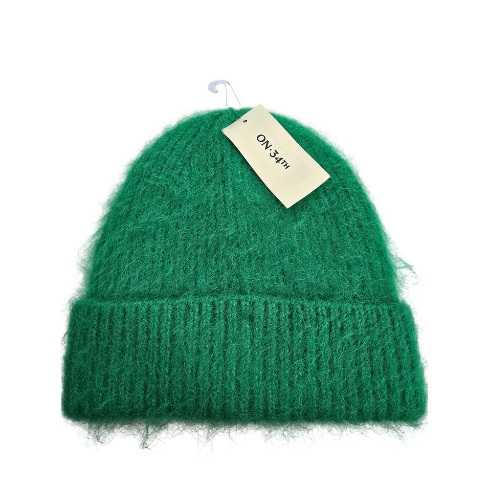 On 34th Womens Green Fuzzy Knit Cuffed Wool Blend Beanie Hat OS NWT